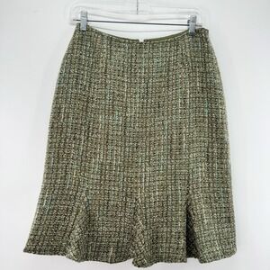 EMMA JAMES Boucle Skirt Women 6 Petite Olive Green Ruffle Old Money Work Casual